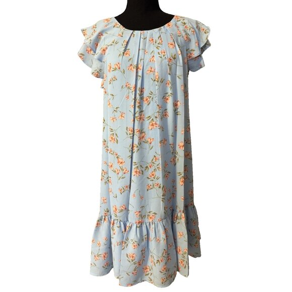 CeCe Dress Medium Women’s Blue Floral Ruffle Short Sleeve Washable NEW $129 - Picture 1 of 10